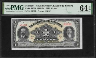 Mexico 1 Peso 1915 Pmg 64 Epq Unc P S1071 Revolutionary Estado De Sonora