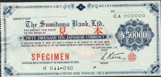 Japan / The Sumitomo Bank Ltd.  / Osaka,  50 000 Yen,  Travelers Check,  Specimen