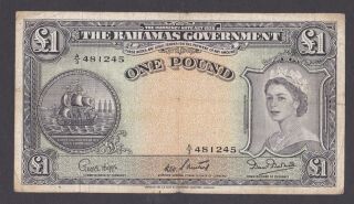 Bahamas 1 Pound Nd 1953 P 15b Series A/3 Circulated Banknote Queen Elizabeth