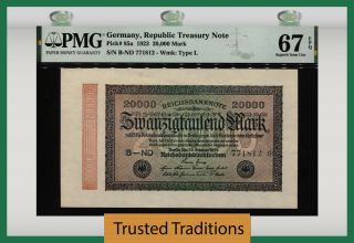 Tt Pk 85a 1923 Germany Rep Treasury Note 20000 Mark Pmg 67q Finest Known
