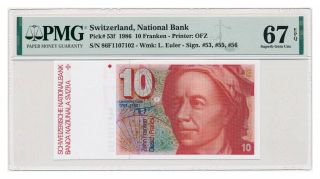 Switzerland Banknote 10 Franken 1986 Pmg Ms 67 Epq Gem Uncirculated