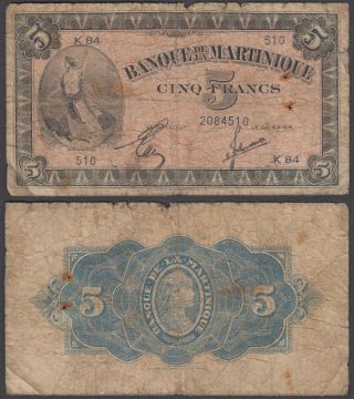 Martinique 5 Francs Nd 1942 (vg) Banknote P - 16
