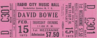 David Bowie Full Ticket Radio City Music Hall 1973 Ziggy Stardust Tour
