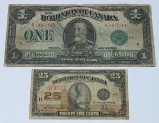 1923 $1 Dominion Of Canada One Dollar & 25c Twenty Five Cents