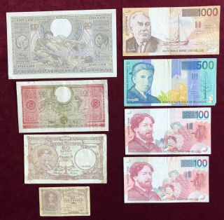 Belgium 1,  20,  100,  500,  1000 Francs 8 Notes Fine To Very Fine,