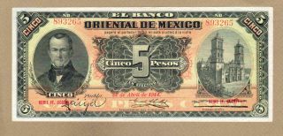 Mexico: 5 Pesos Banknote,  (au/unc),  P - S381c,  22.  04.  1914,