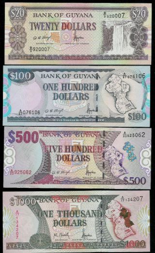 Guyana 1996 - 1999 (no Date) Set P30 P31 P32 P33 = 20,  100,  500,  1000 Dollar Unc