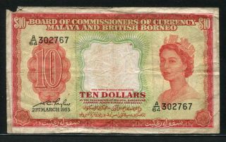 Malaya & British Borneo 1953,  10 Dollars,  302767,  P3,  Vg - Fine