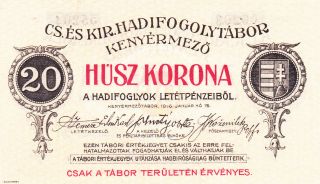 20 Korona/kronen Aunc P.  O.  W Camp Currency Note From Austro - Hungary 1916 Extrare