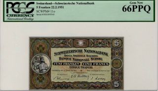 Switzerland 5 Franken Francs Dated 1951 P11o Pcgs 66ppq Gem Unc