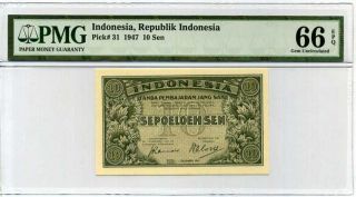 Indonesia 10 Sen 1947 P 31 Gem Unc Pmg 66 Epq Nr