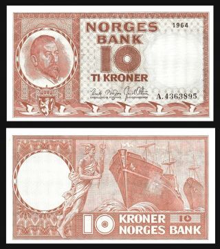 Norway 10 Kroner 1964 Unc P31 Prefix:a