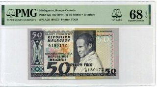Madagascar 50 Francs = 10 Ariary Nd 1974 - 75 P 62 Gem Unc Pmg 68 Epq Top