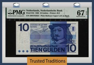 Tt Pk 91b 1968 Netherlands Nederlandsche Bank 10 Gulden Pmg 67 Epq Gem