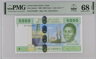 Central African State Congo 5000 Fr 2002 P 109t D 15th Gem Unc Pmg 68 Epq