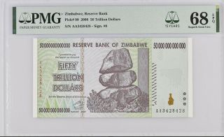 Zimbabwe 50 Trillion Dollars 2008 P 90 15th Gem Unc Pmg 68 Epq