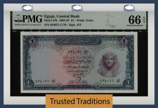 Tt Pk 37b 1961 - 67 Egypt Central Bank 1 Pound Tutankhamen Pmg 66 Epq Gem Unc