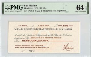 San Marino 1976 P - S101 Pmg Choice Unc 64 Epq 150 Lire