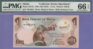Malta,  1 Lira Banknote " Specimen " (nd 1979) Gem Uncirculated - 66 - Epq - Pmg,  Cat 34/cs1