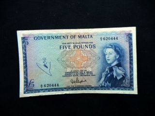 1963 Gouvernment Malta British Rare Banknote 5 Pounds Vf