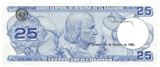 El Salvador 25 Colones 29.  9.  1983 P 136a Series Fp Uncirculated Banknote G8