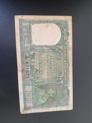 1938 Burma British India 10 Rupee P - 5 King George Vi Kgvi Myanmar Banknote Vf