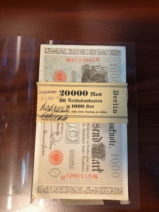Bank Wrapped 20 Consecutive 1910 German 1000 Mark Notes Red Seal