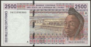 Au - Unc 1994 West African States 2500 Francs P - 112ac / B117ac Ivory Coast