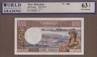 Hebrides: 100 Francs Banknote,  (unc Wbg63),  P - 18d,  1977,