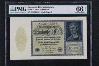 1922 Germany Reichsbanknote 10000 Mark Pick 72 Pmg 66 Epq Gem Unc