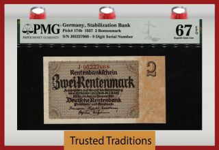 Tt Pk 174b 1937 Germany Stabilization Bank 2 Rentenmark Pmg 67 Epq Gem