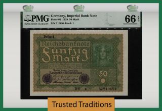 Tt Pk 66 1919 Germany Imperial Bank Note 50 Mark Pmg 66 Epq Gorgeous Century Old