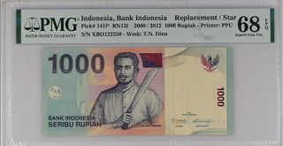 Indonesia 1000 Rup 2000/2012 P 141 L Replacement Gem Unc Pmg 68 Epq Top