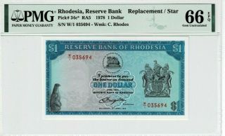 Rhodesia P 34c 1978 1 Dollars Prefix W/1 Replacement Pmg 66 Epq Gem Unc