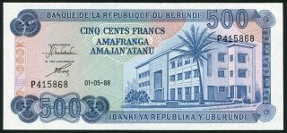 Burundi 500 Francs 1988.  05.  01.  National Bank Building P30c Unc