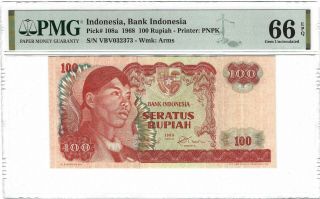 Indonesia Bank Indonesia 100 Rupiah 1968 P - 108a,  Pmg 66 Epq Gem Unc Uncirculated