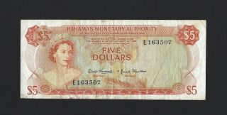 1968 Bahamas $5 Dollars,  Monetary Authority P - 29,  Scarce Type,  Vf Qeii Banknote