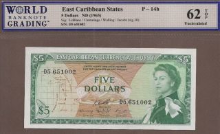 East Caribbean States: 5 Dollars Banknote,  (unc Wbg62),  P - 14h,  1965,