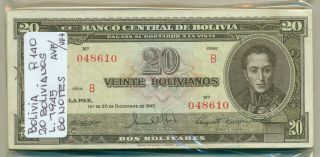Bolivia Bundle 60 Notes 20 Bolivianos Law 1945 P 140 Avf/vf,