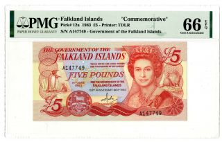 Falkland Islands.  Government Of.  1983 Issued 5 Pounds,  P - 12a,  Pmg Gem Unc 66 Epq
