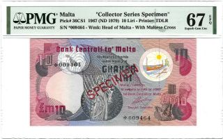 Malta Bank Centrali 10 Liri 1967 (1979),  P - 36 Cs1 Specimen,  Pmg 67 Epq S Gem Unc