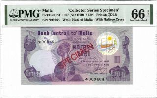 Malta Bank Centrali 5 Liri 1967 (1979),  P - 35 Cs1 Specimen,  Pmg 66 Epq Gem Unc