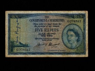 Mauritius:p - 27,  5 Rupees,  1954 Queen Elizabeth Ii F,  Nr