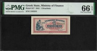 Greece 1 Drachma 1941 Pmg 66 Epq Unc P 317