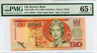 Fiji 50 Dollars Nd 1996 P 100 B Sign.  S.  Narube Gem Unc Pmg 65 Epq