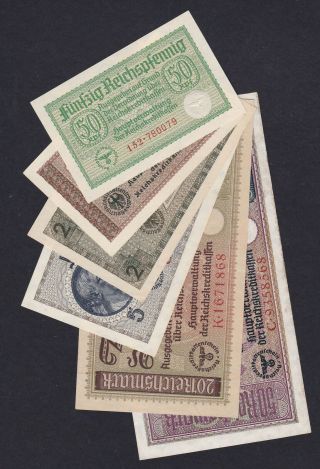 Germany 0.  50,  1,  2,  5,  20,  50 Reichsmark 1940 - 1945,  Set 6 Bank.  Au - Unc (25)