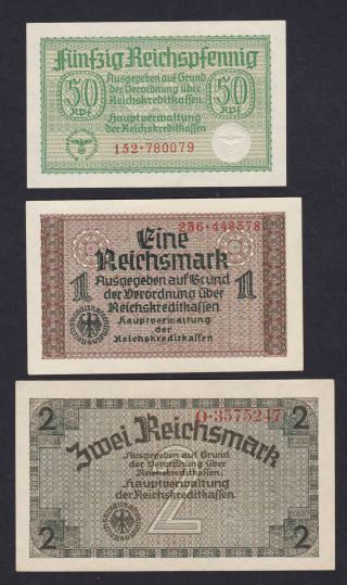 Germany 0.  50,  1,  2,  5,  20,  50 Reichsmark 1940 - 1945,  Set 6 bank.  AU - UNC (25) 2