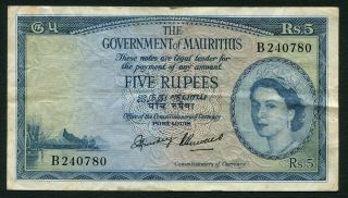 Mauritius 5 Rupees 1954 Queen Elizabeth Ii P27 (1) Sign Hinchey & Hurvais F/vf
