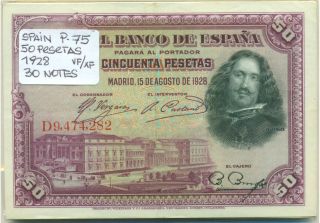 Spain Bundle 30 Notes 50 Pesetas 1928 P 75 Vf/xf