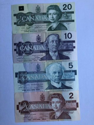Bank Of Canada Bird Series Set: $2,  $5,  $10 & $20 Dollars 1986 - 1991 Notes Money